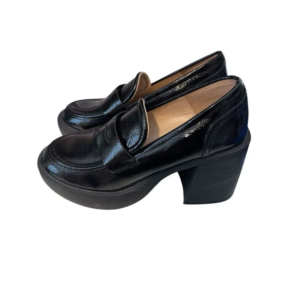 New PRINCESS POLLY Black Loafer Patent Leather Platform Heels Trending Sz 7